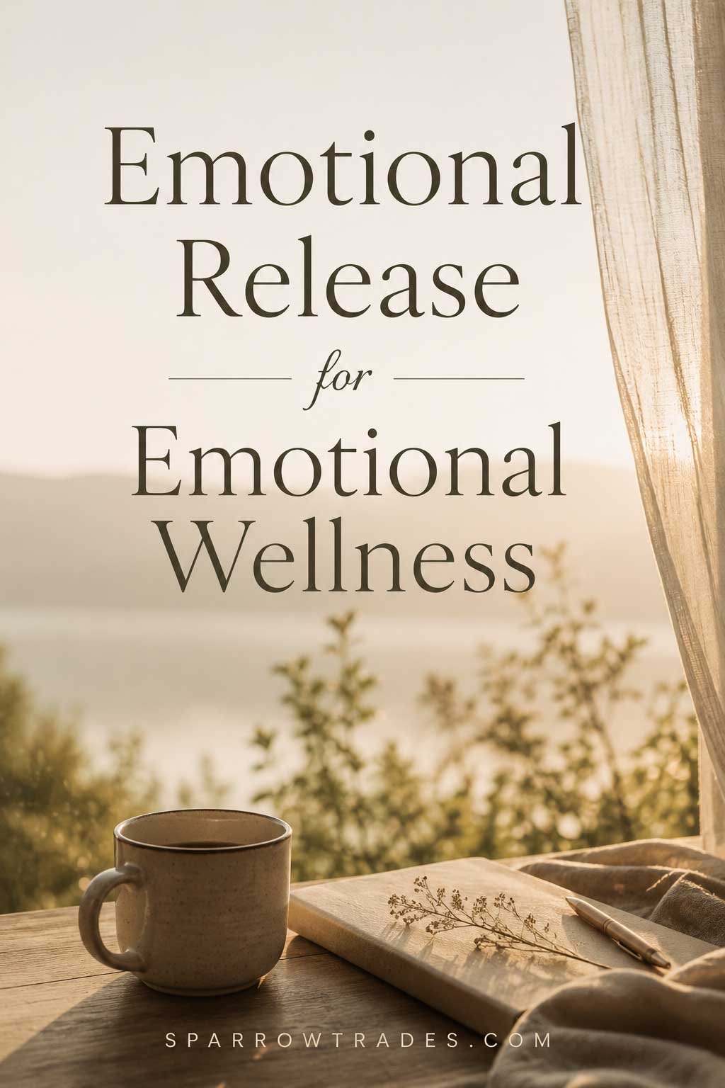 Sunlit journal, coffee mug, and soft fabric beside a window overlooking a peaceful landscape with text about emotional release and emotional wellness.