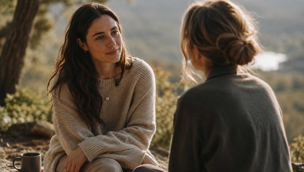 Two people sitting outdoors in soft natural light, sharing a calm and attentive conversation in a peaceful setting.