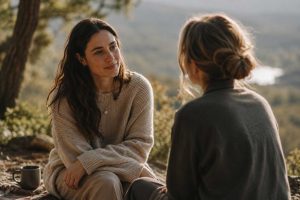Two people sitting outdoors in soft natural light, sharing a calm and attentive conversation in a peaceful setting.