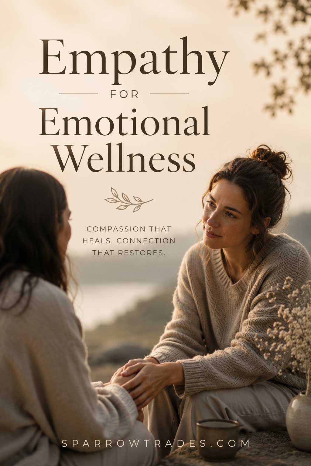 Two people sitting together outdoors in soft natural light, sharing an attentive and compassionate conversation.