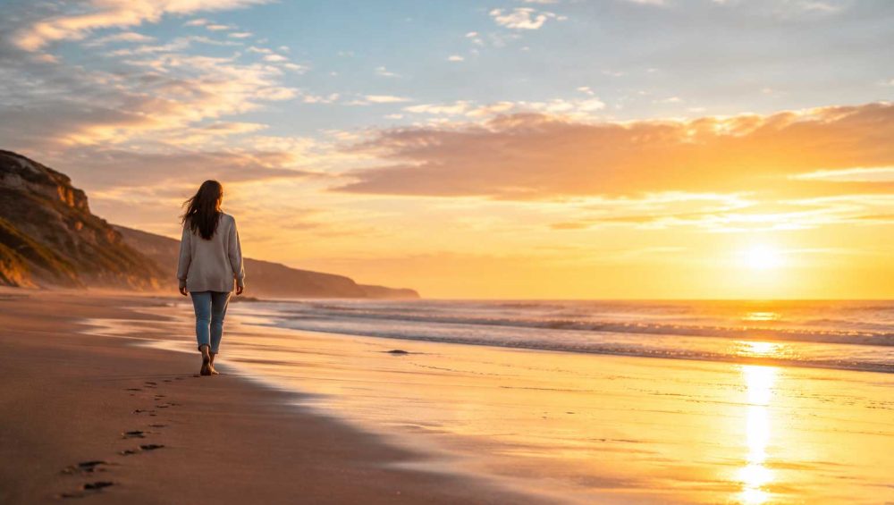 A person walking alone along a quiet shoreline at sunrise with open sky, gentle waves, and warm golden light reflecting on the sand.