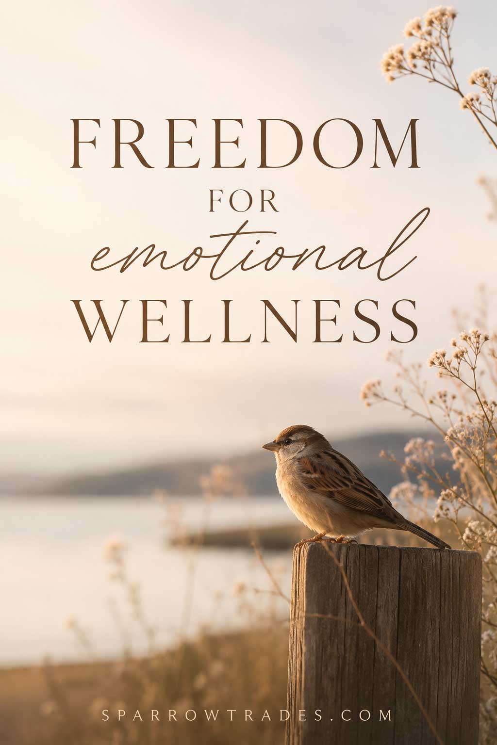 A small sparrow resting on a wooden post beside a calm lakeside landscape with soft wildflowers and warm natural light.