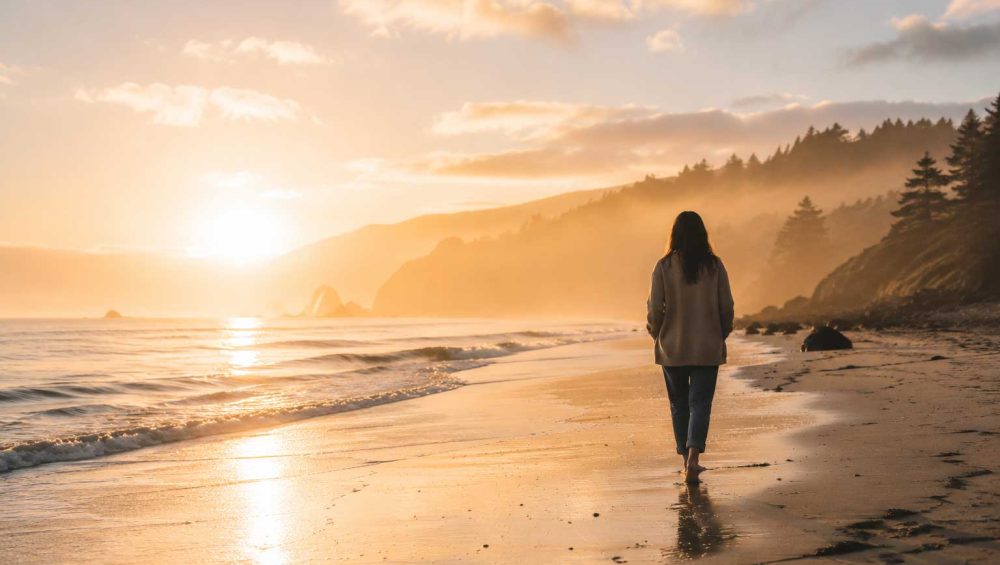Person walking alone along a quiet beach at sunrise with soft golden light reflecting across the shoreline