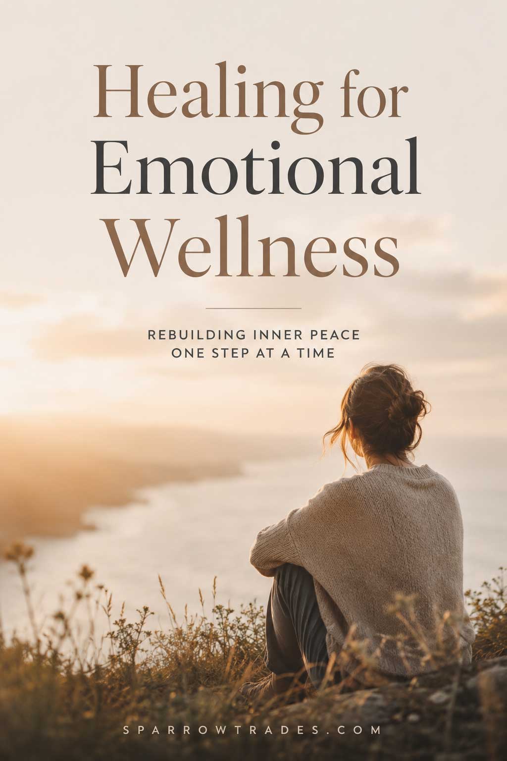 Person sitting on a grassy overlook above a coastline at sunrise with soft light across the water and the words healing for emotional wellness