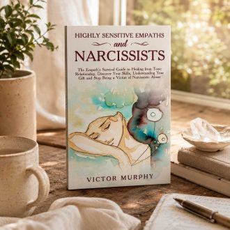Book titled "Highly Sensitive Empaths and Narcissists" displayed on a wooden table in a softly lit wellness-inspired setting.
