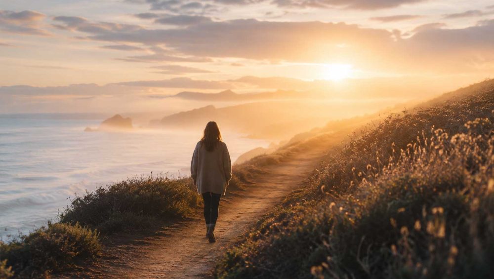 A person walking along a coastal path at sunrise with soft golden light over the ocean and distant cliffs.