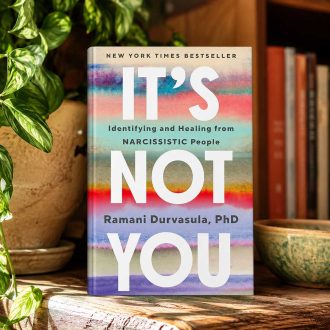 Book titled It’s Not You: Identifying and Healing from Narcissistic People displayed upright on a wooden table in a warmly lit bookstore-style setting with plants and books in the background.