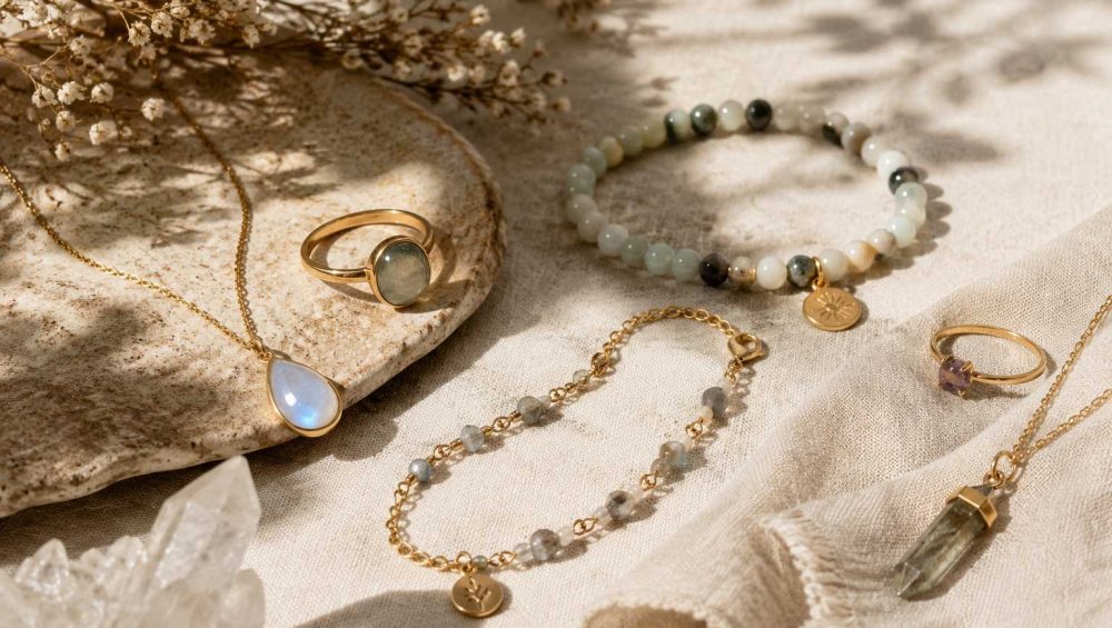 A collection of meaningful jewelry pieces arranged on soft linen with natural light, including gemstone necklaces, bracelets, and rings for emotional wellness.
