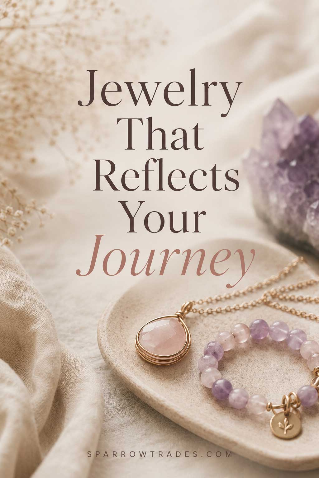 Flat lay of gemstone jewelry on a soft neutral background with the text "Jewelry That Reflects Your Journey" and the Sparrow Trades website at the bottom.