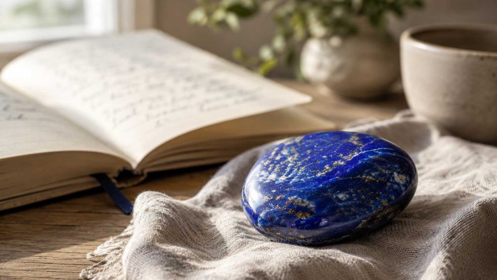 Polished lapis lazuli gemstone resting on a linen cloth beside an open journal in soft natural light.
