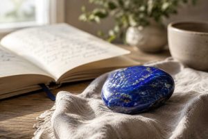 Polished lapis lazuli gemstone resting on a linen cloth beside an open journal in soft natural light.
