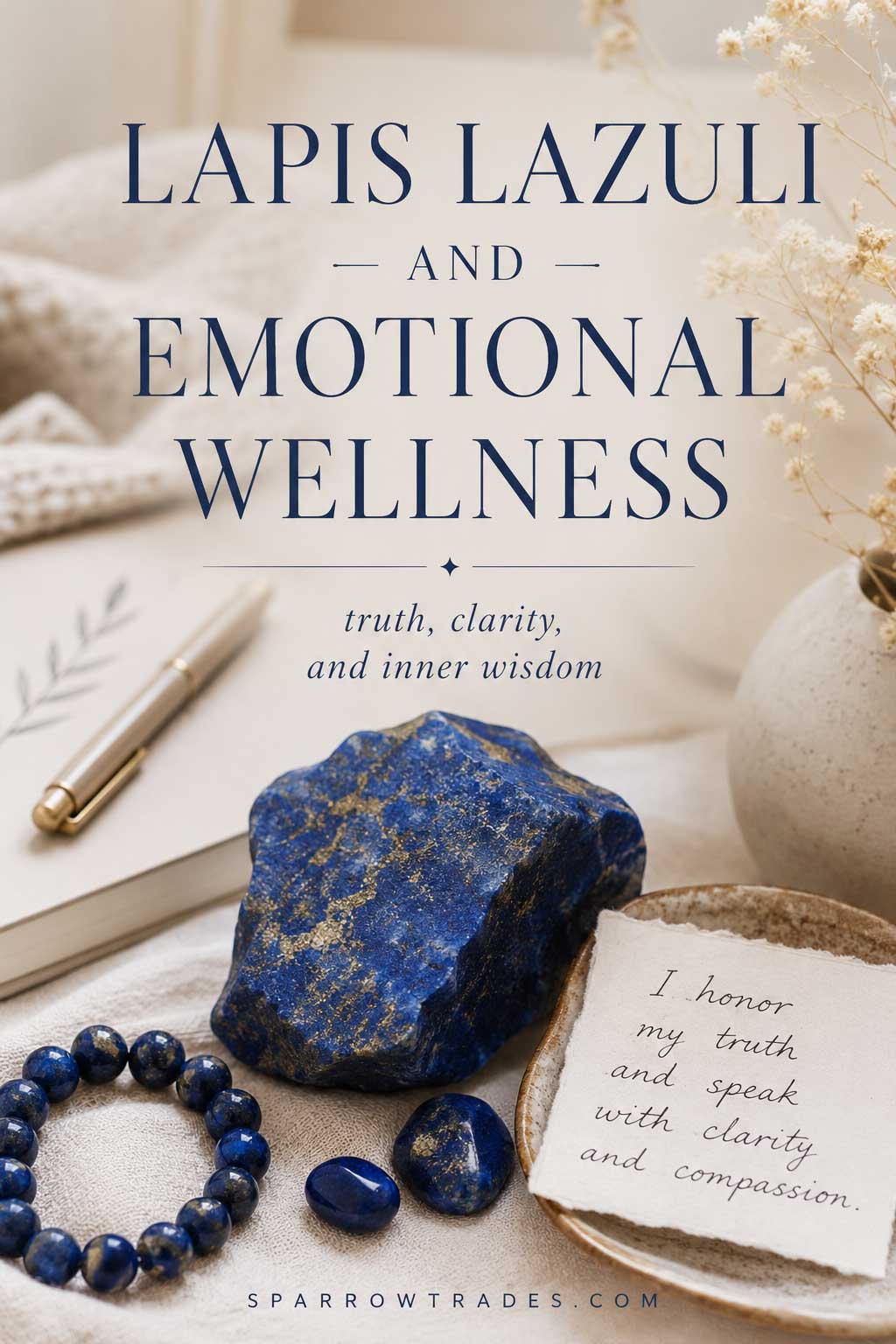 Pinterest graphic featuring lapis lazuli gemstones, a journal, and the headline "Lapis Lazuli and Emotional Wellness" in a soft editorial wellness setting.
