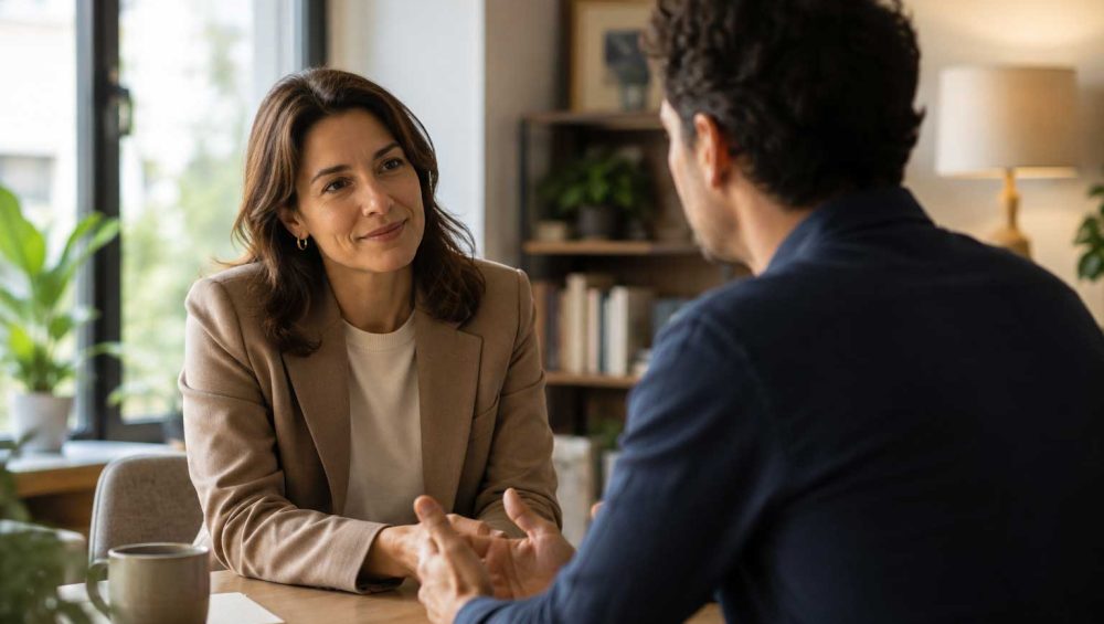 A manager listens attentively to an employee during a calm one-on-one conversation in a naturally lit office.