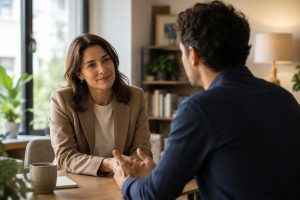 A manager listens attentively to an employee during a calm one-on-one conversation in a naturally lit office.