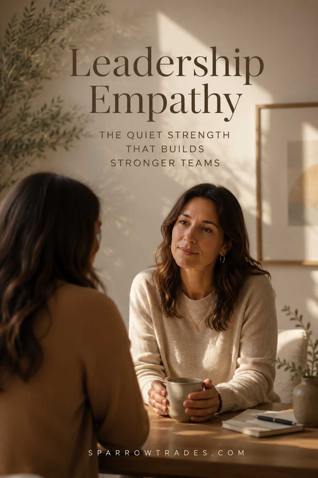 Two people having a thoughtful one-on-one conversation in a calm, naturally lit workspace, representing empathetic leadership and supportive communication.