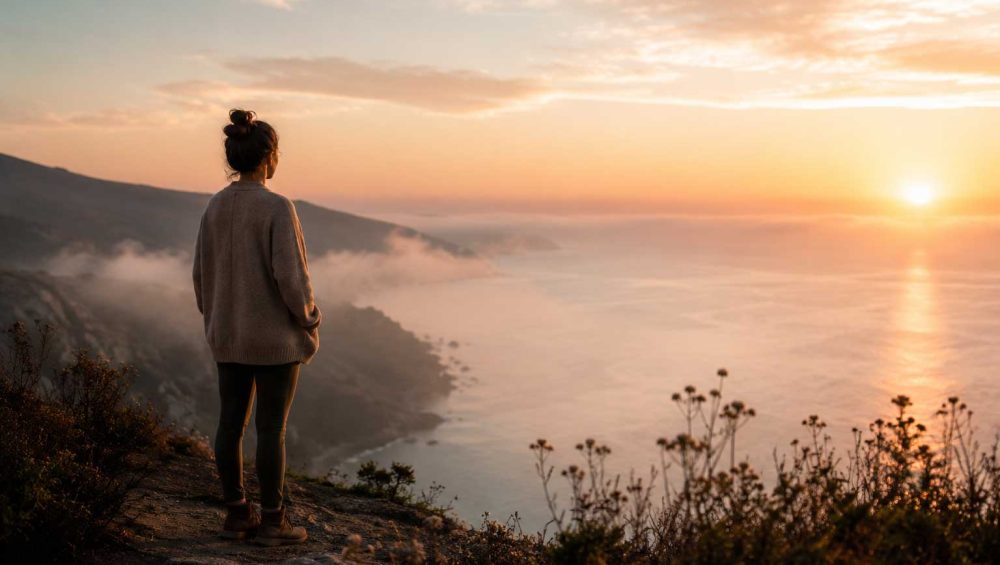 Person standing on a coastal cliff at sunrise overlooking a calm ocean and distant horizon