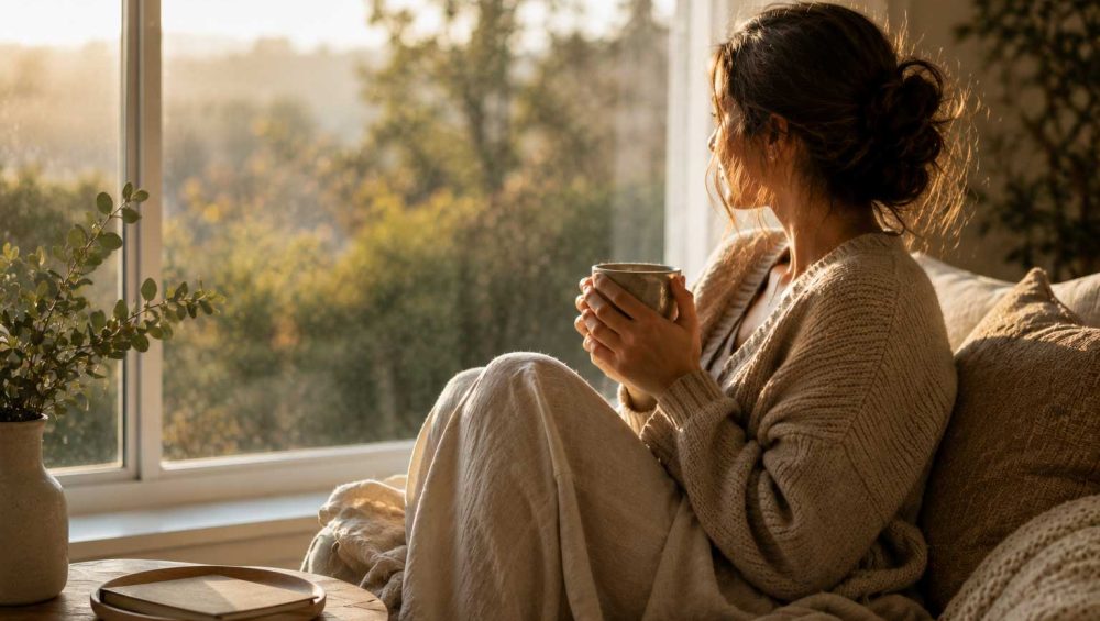 Person sitting comfortably by a sunlit window holding a warm drink in a calm indoor setting.