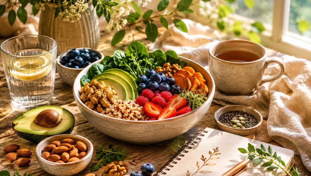 A sunlit table with a nourishing bowl of fresh fruits, vegetables, nuts, seeds, tea, and a journal in a calm wellness setting.