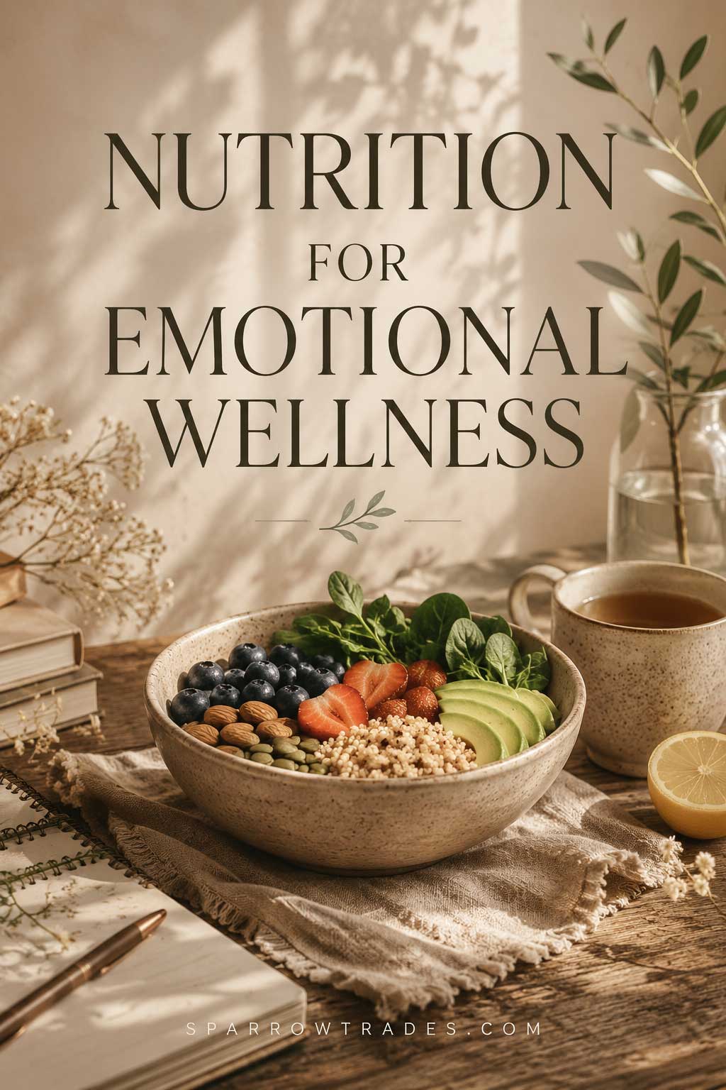 A bowl of fresh fruits, greens, grains, and nuts beside tea and a journal in a softly lit wellness-inspired setting.