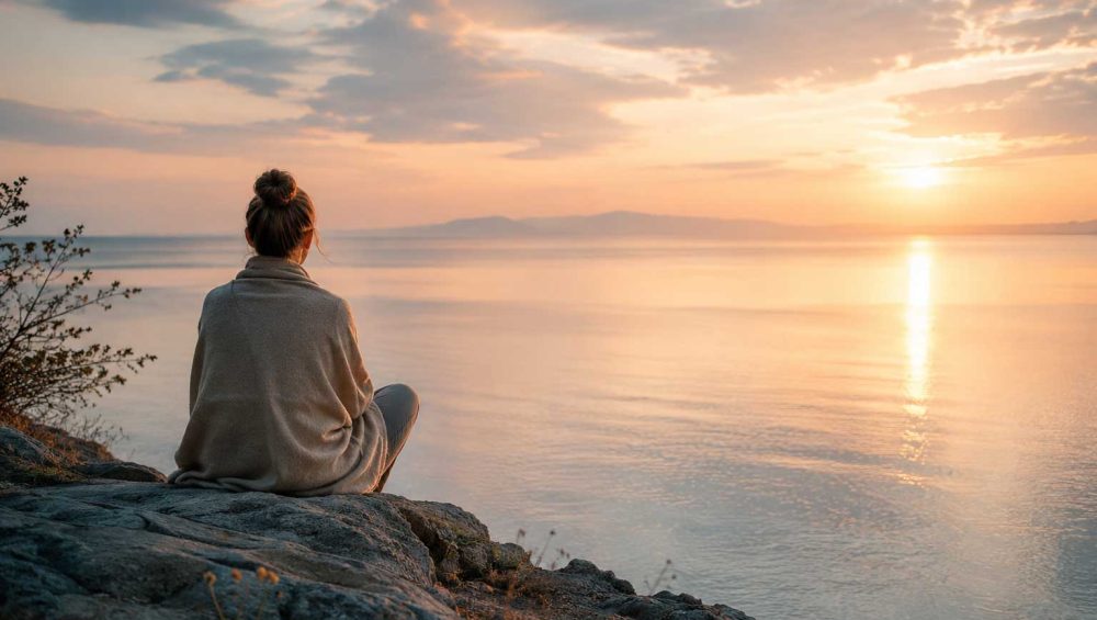 Person sitting quietly on a rocky shoreline overlooking calm water during a peaceful sunrise.
