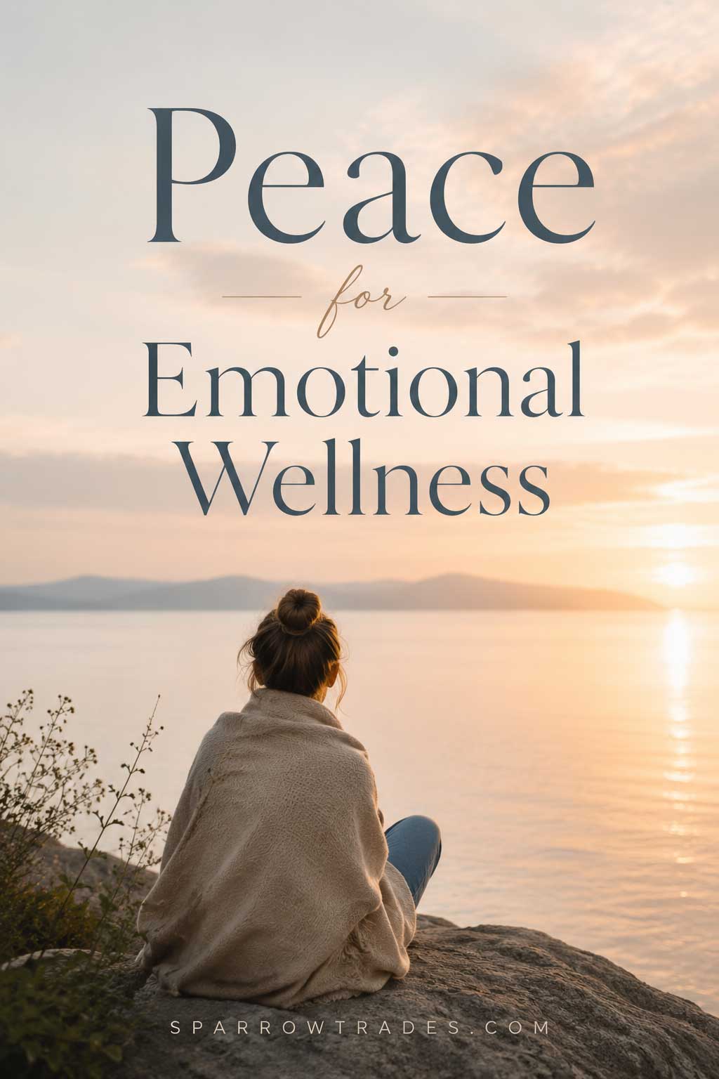 Person wrapped in a blanket sitting beside calm water at sunrise with the headline peace for emotional wellness.