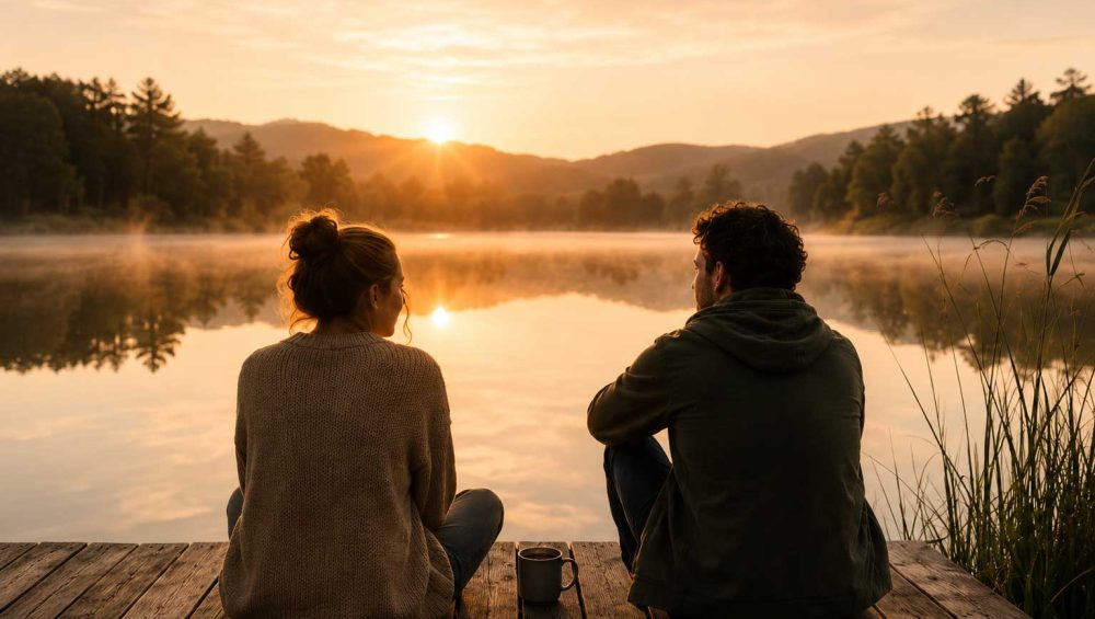A man and woman sitting together on a wooden dock overlooking a calm lake at sunrise, reflecting quietly in a peaceful natural setting.