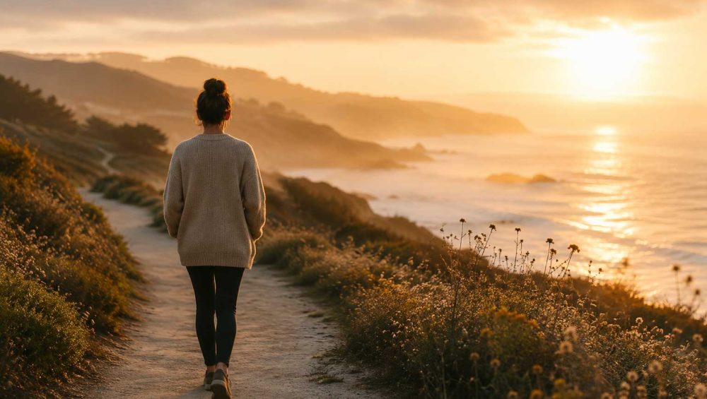 A person walking along a coastal path at sunrise overlooking the ocean, surrounded by soft golden light and a peaceful landscape.