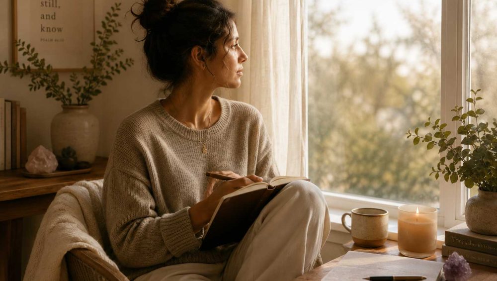 Person sitting by a sunlit window holding a journal and reflecting quietly in a calm indoor setting