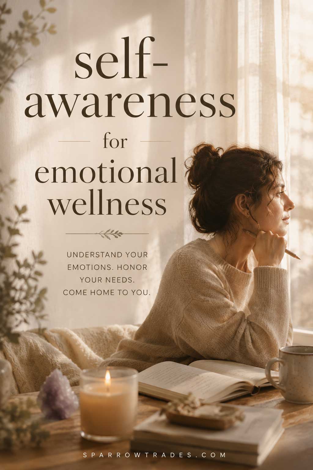 Person sitting by a window with a journal, quietly reflecting in a warm and peaceful indoor setting