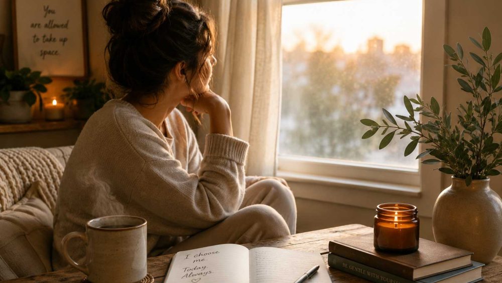 Person sitting by a sunlit window with a journal, tea, and candle during a quiet moment of self-reflection and emotional wellness.