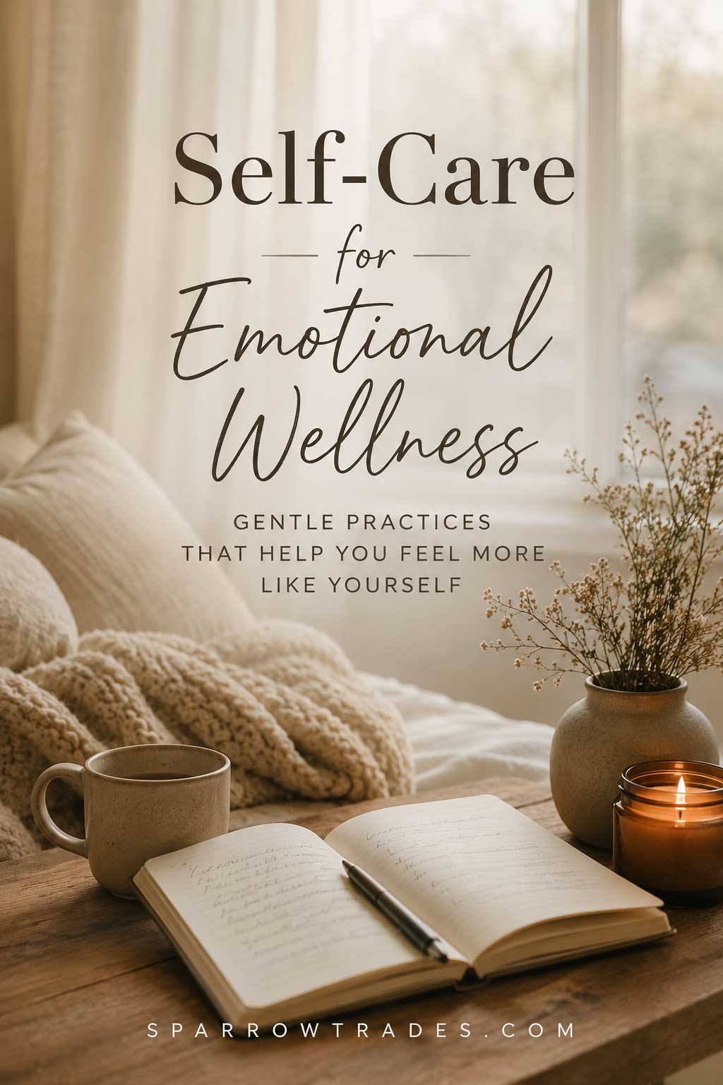 Open journal, tea mug, candle, and soft blankets beside a sunlit window, representing self-care and emotional wellness.