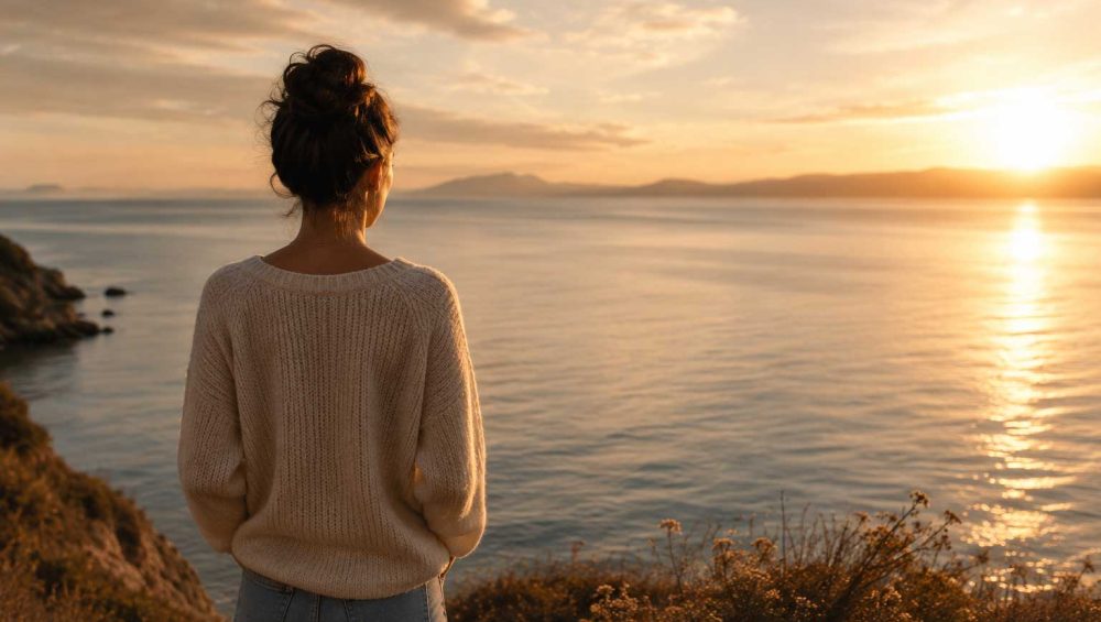Person standing quietly by the ocean at sunset, reflecting while looking across calm water and a distant horizon.