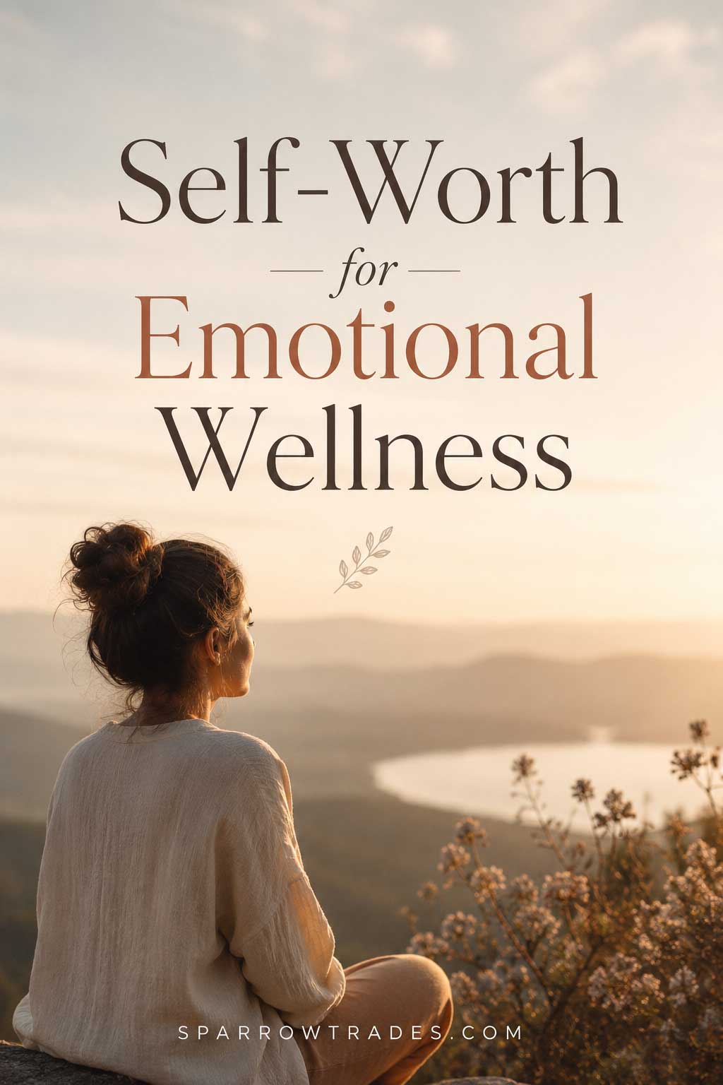 Person sitting quietly on a hillside at sunset overlooking a peaceful landscape with the text self-worth for emotional wellness.