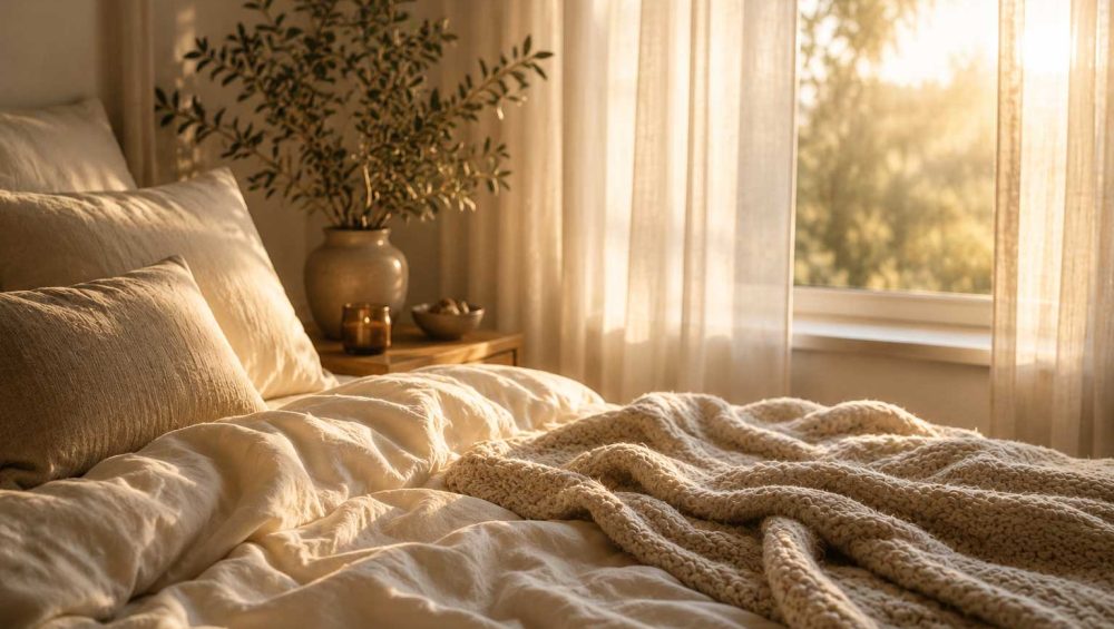 Softly lit bedroom with neutral bedding and warm morning sunlight filtering through sheer curtains.