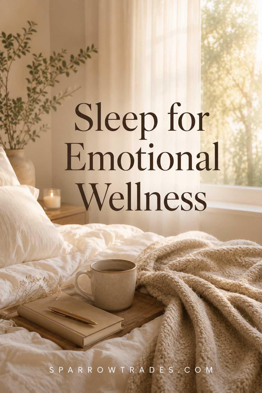 Warm bedroom with soft bedding, natural light through curtains, and text reading Sleep for Emotional Wellness.