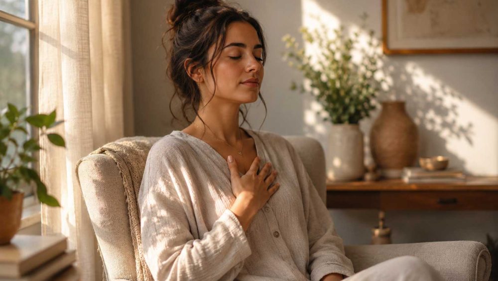 A person sitting quietly in a softly lit room with a hand over their chest, reflecting inward in a calm and peaceful environment.