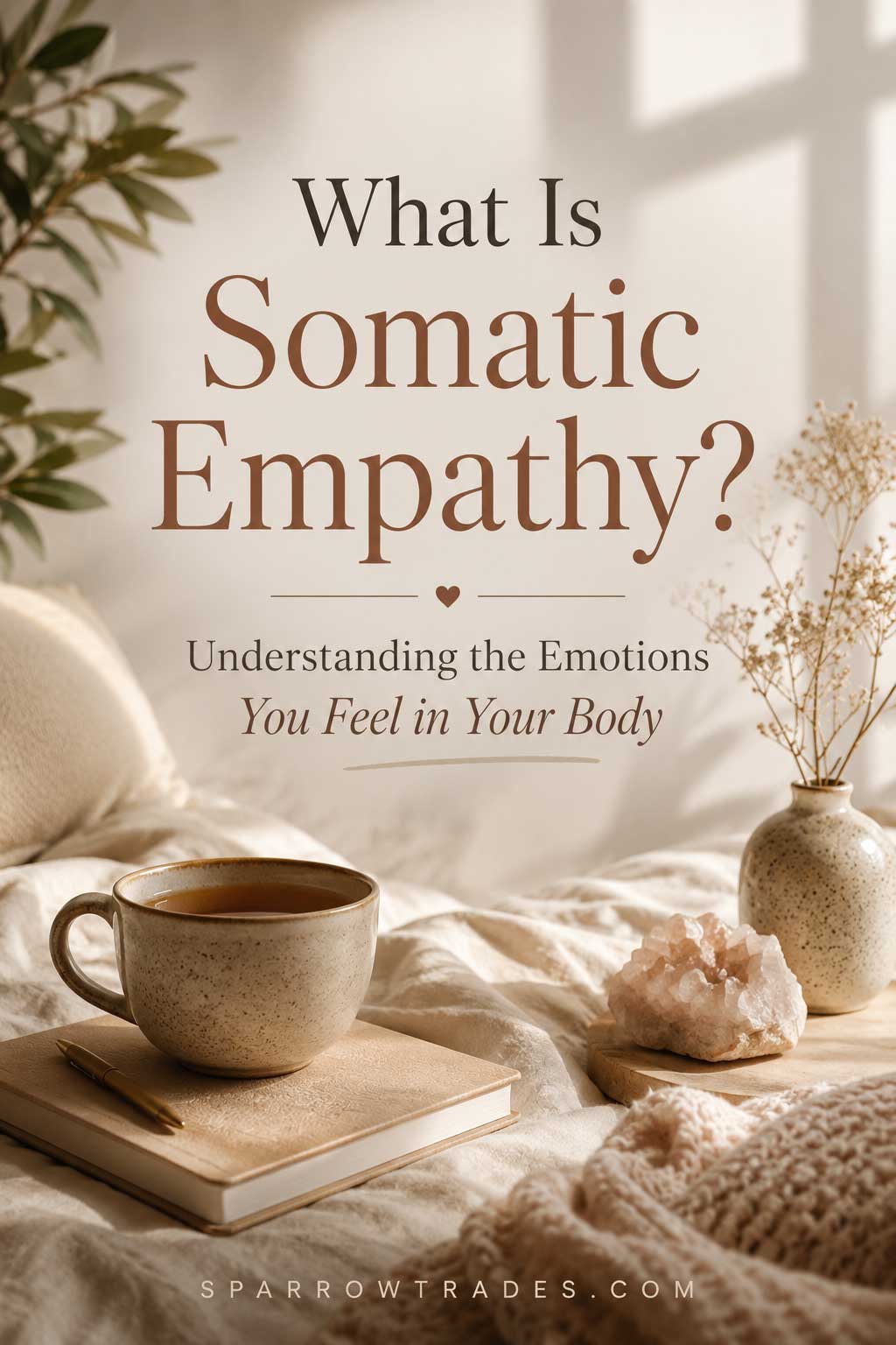 A warm editorial-style Pinterest graphic with the headline "What Is Somatic Empathy?" above a cozy scene featuring a tea cup, journal, crystal, and soft neutral décor.