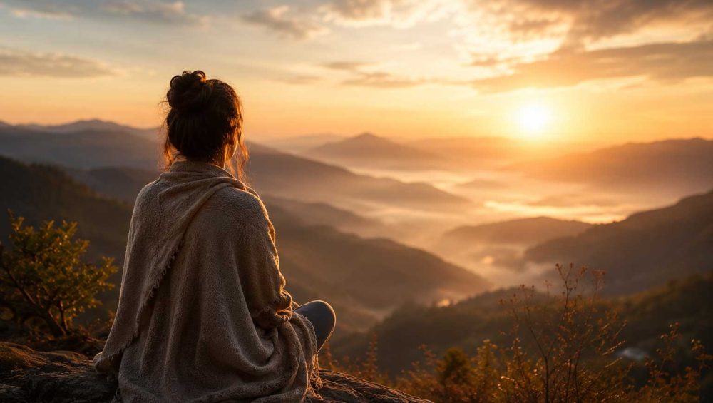 Person wrapped in a blanket sitting on a mountain overlook at sunrise, looking across a misty valley.