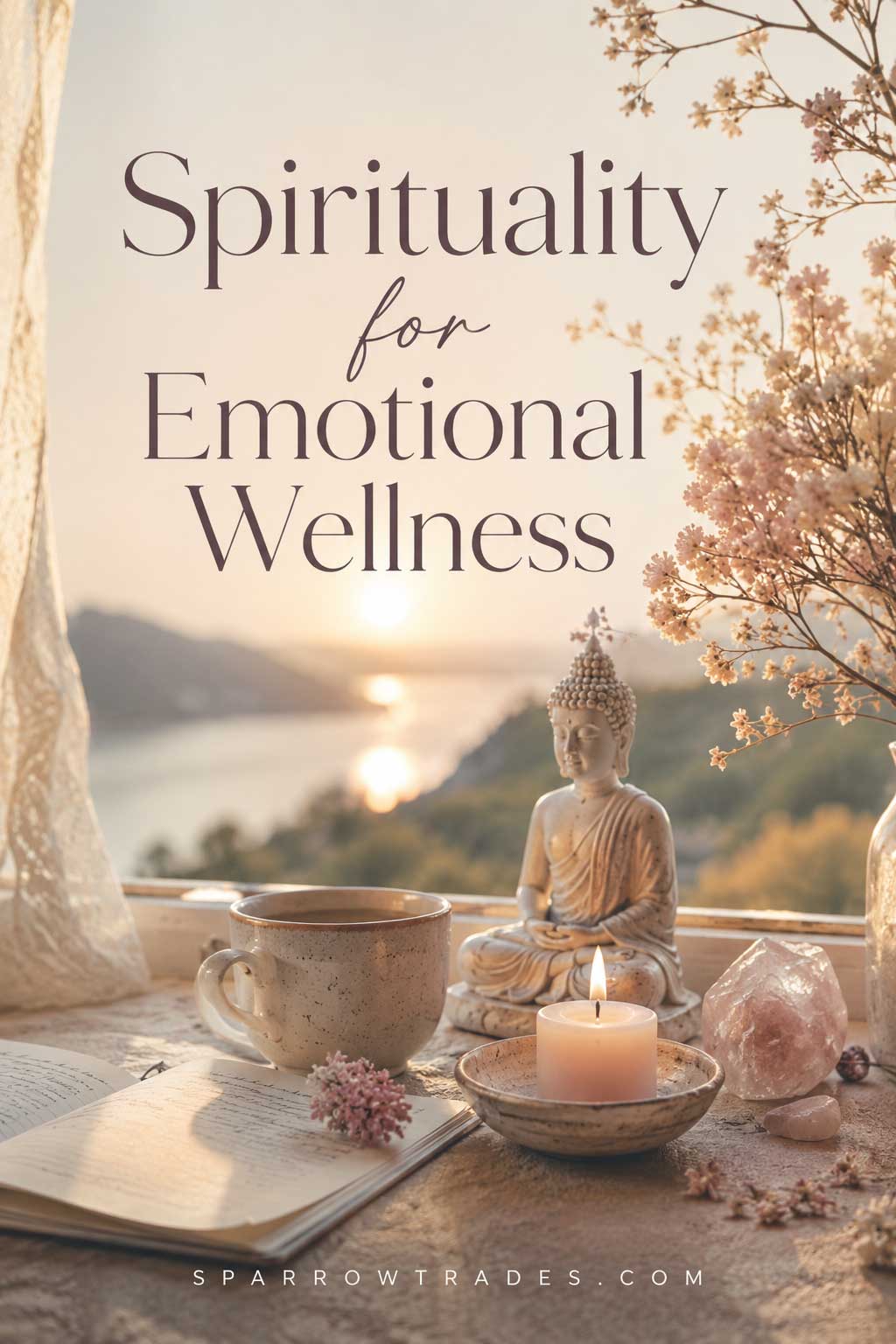 Journal, candle, ceramic cup, crystals, and a meditation statue beside a window overlooking a peaceful landscape at sunrise.