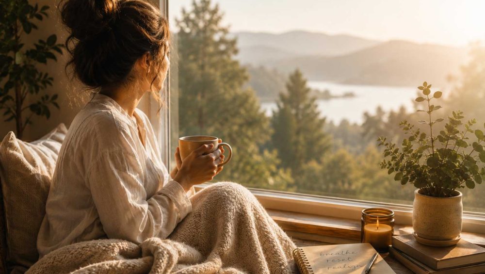 Person sitting by a sunlit window holding a warm drink and looking out at a peaceful landscape during the early morning.