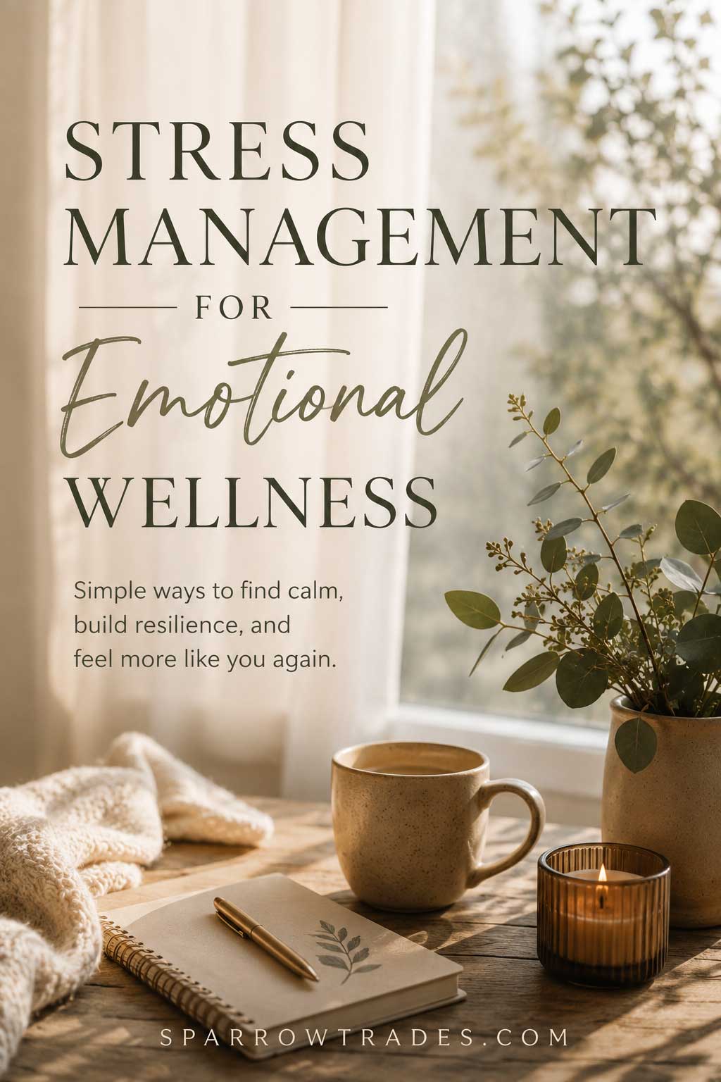 Warm indoor scene with a journal, candle, mug, and greenery beside a sunlit window, representing stress management and emotional wellness.