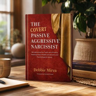 Book titled The Covert Passive Aggressive Narcissist displayed on a wooden table in a warmly lit interior with soft background decor.