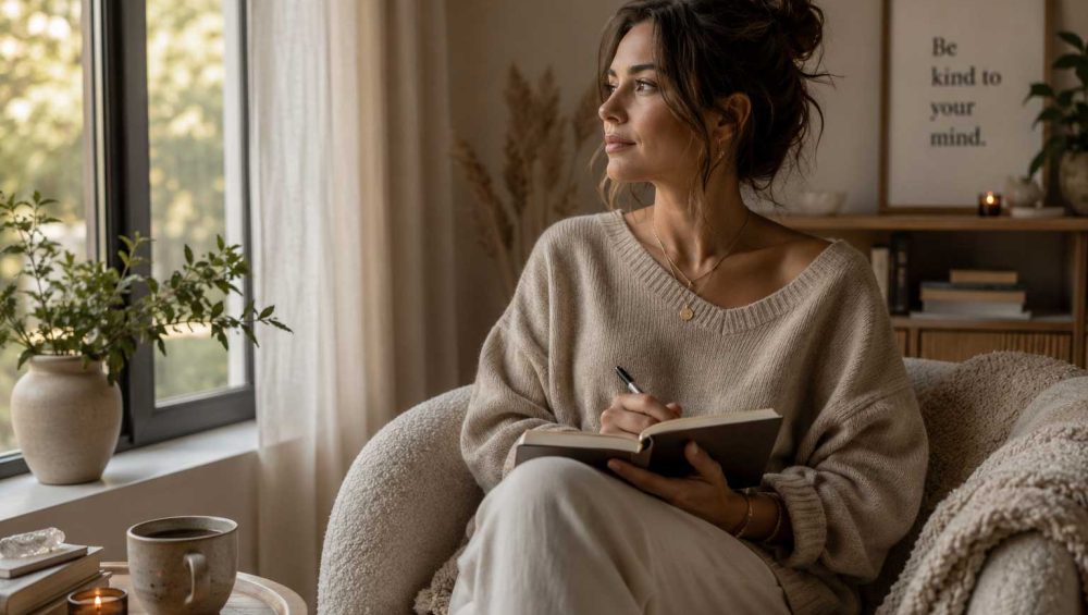 Person sitting in a comfortable chair by a window, writing in a journal and reflecting in a softly lit room.