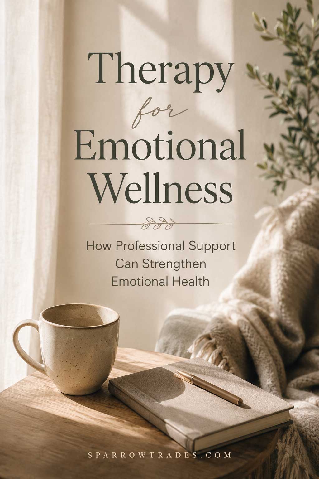 A journal and coffee mug on a wooden table beside a cozy chair in a softly lit room with text about therapy for emotional wellness.