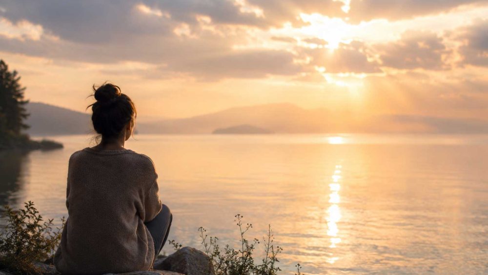 Person sitting quietly on a rocky shoreline overlooking calm water at sunrise with soft light breaking through the clouds