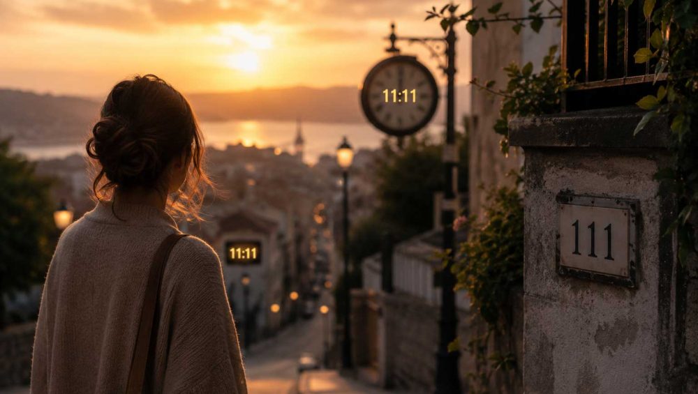 Person standing on a quiet street at sunset noticing repeating number patterns in the surrounding environment