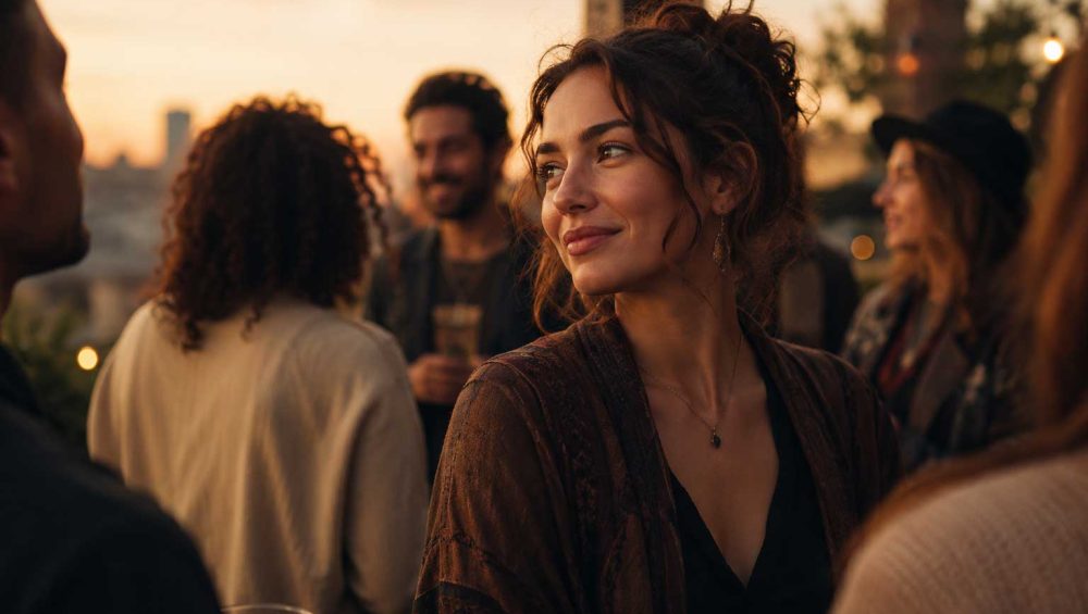 Person standing among a small group of people at sunset, appearing socially engaged while thoughtfully observing the surrounding conversation.