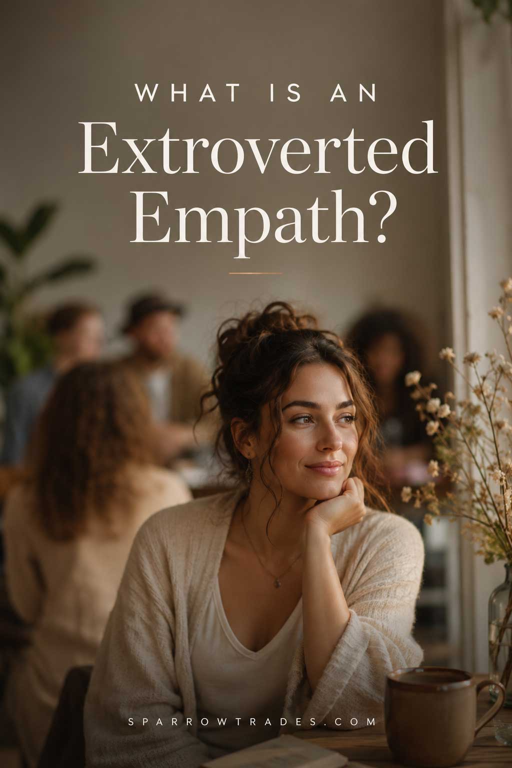 Thoughtful woman sitting in a café among other people, appearing socially engaged while quietly reflecting.