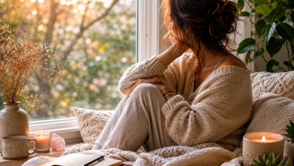 Person sitting quietly by a window in soft natural light reflecting in a calm indoor space