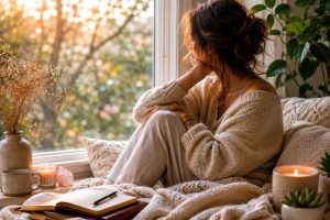 Person sitting quietly by a window in soft natural light reflecting in a calm indoor space